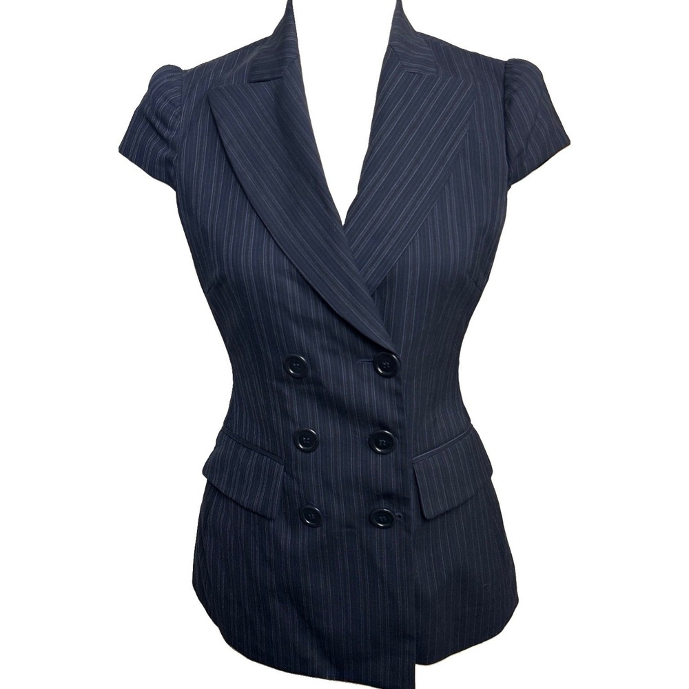 BCBG Maxazria Double Breasted Vest Womens XS Navy Pin Striped Cap Sleeve Boss